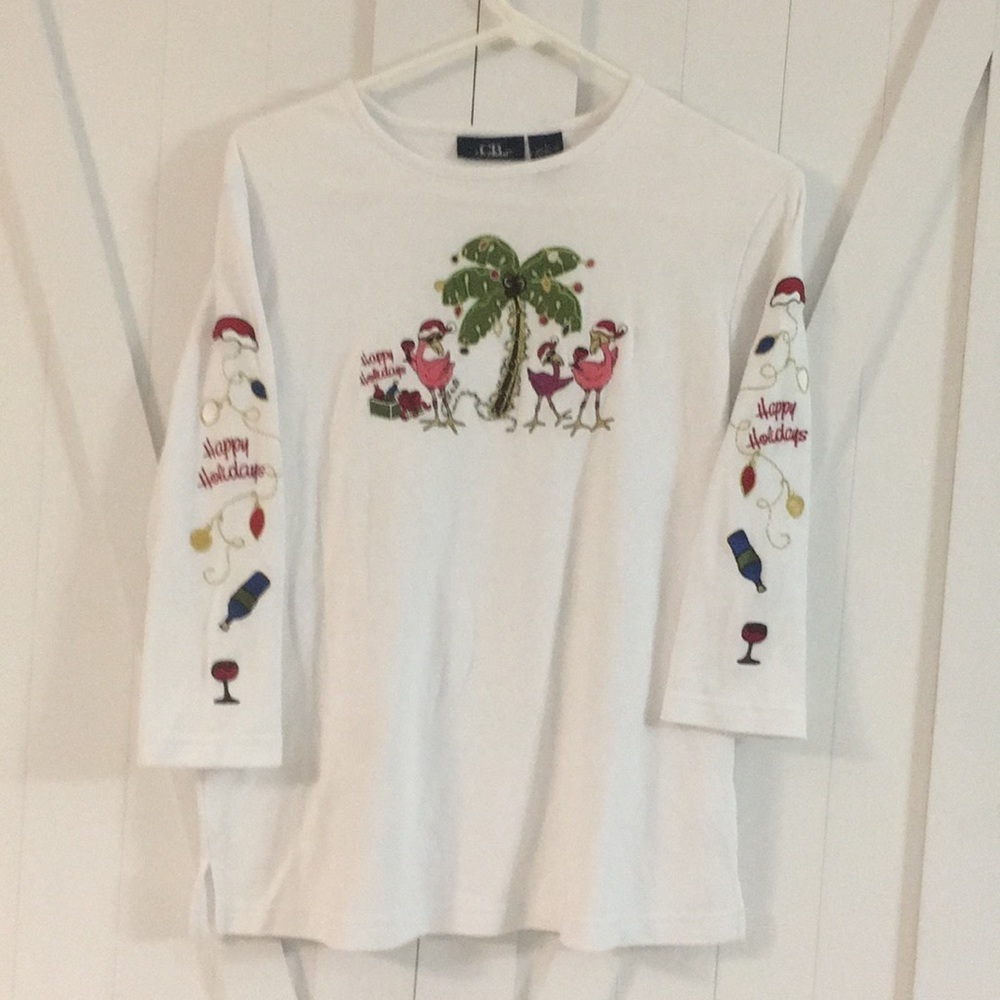 CB Casual white Christmas shirt Flamingos.